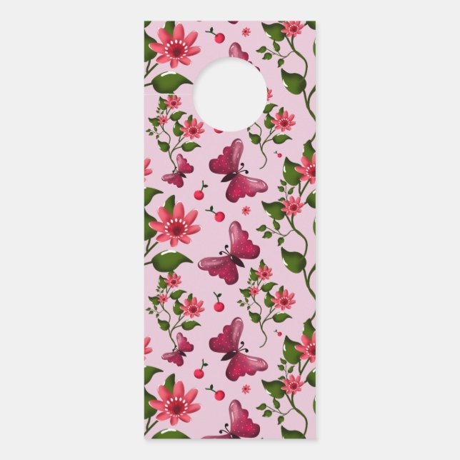 Aviso De Porta Cute Cherry Butterfly Pattern, Glossy Kawaii Fruit (Frente)