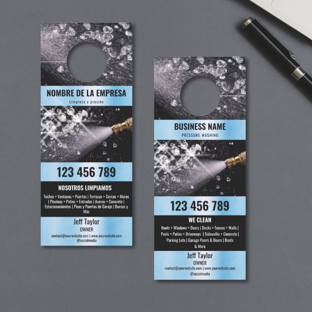 Aviso De Porta Dois idiomas: Lavando a pressão, lavando o tejadil (wash pressure machine with diamonds in the water splash)