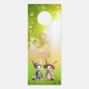 Aviso De Porta Felz pascoa branco, com 2 coelhos