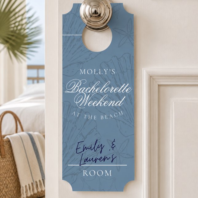 Aviso De Porta Fim de Semana de Despedida de Solteira Concha Azul (Coastal Blue Stripe Bachelorette Weekend Door Hanger
)