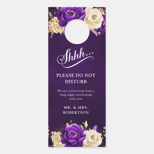 Aviso De Porta Floral Dourado Violeta Roxo Real Não Incomodar (Frente)