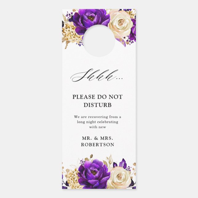 Aviso De Porta Floral Dourado Violeta Roxo Real Não Incomodar (Frente)