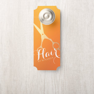Aviso De Porta Hairstylist Makeup Salon Chic Orange Tesoura Doura