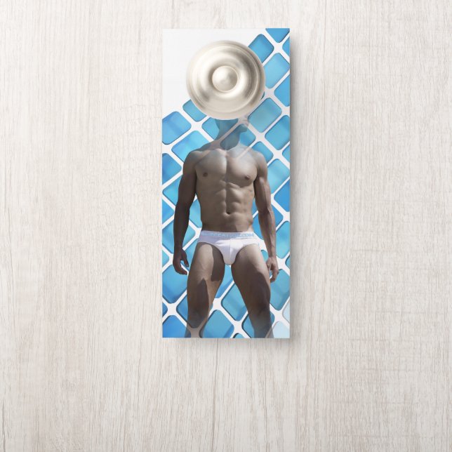 Aviso De Porta Homem muscular SlipperyJoe, seis abdominais, branc (Na maçaneta)