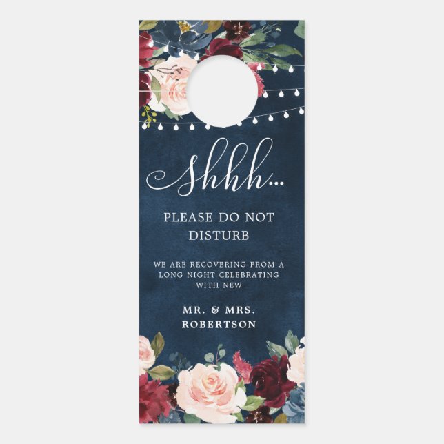 Aviso De Porta Marinho Borgonha Rosas Blush Casamento Não Incomod (Frente)