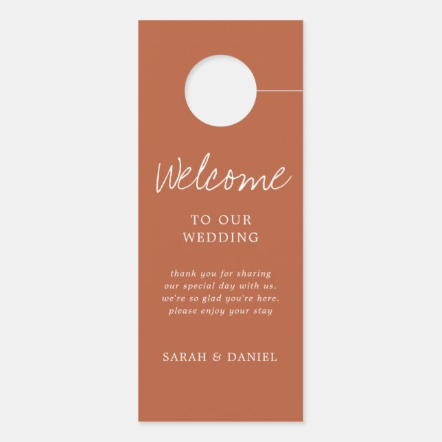 Aviso De Porta Modern Burnt Orange Weding Welcome Door Hanger (Verso)
