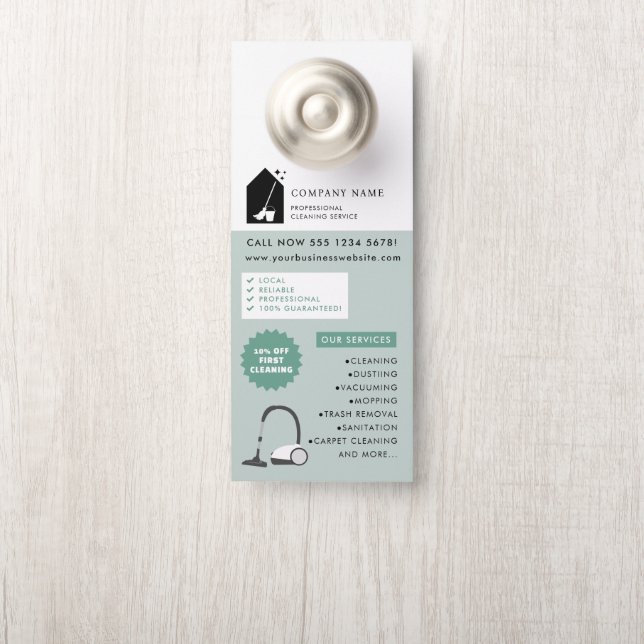 Aviso De Porta Modern Cleaning Cleaner Service Logo Green QR Code (Na maçaneta)