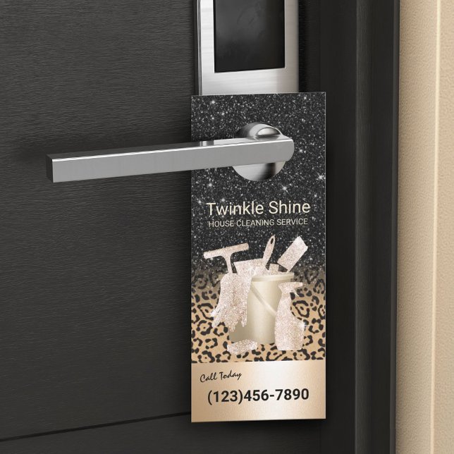 Aviso De Porta Modern House Cleaning Service Black & Gold Leopard (Criador carregado)