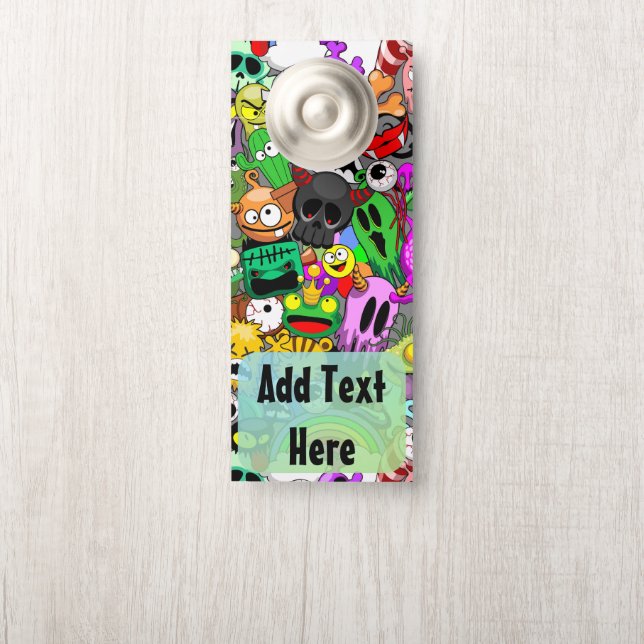 Aviso De Porta Monstros - Caracteres Bonitos Padrão de Halloween (Na maçaneta)