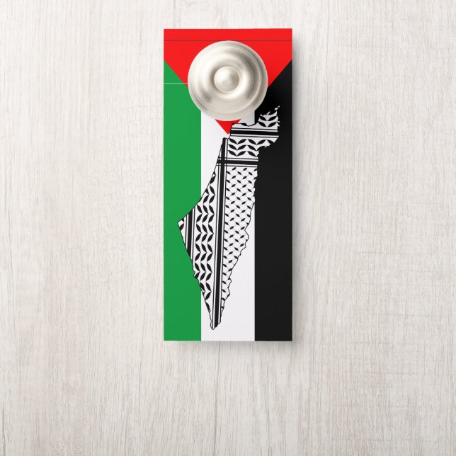Aviso De Porta Palestina - Bandeira e Mapa com Padrão Keffiyeg (Na maçaneta)