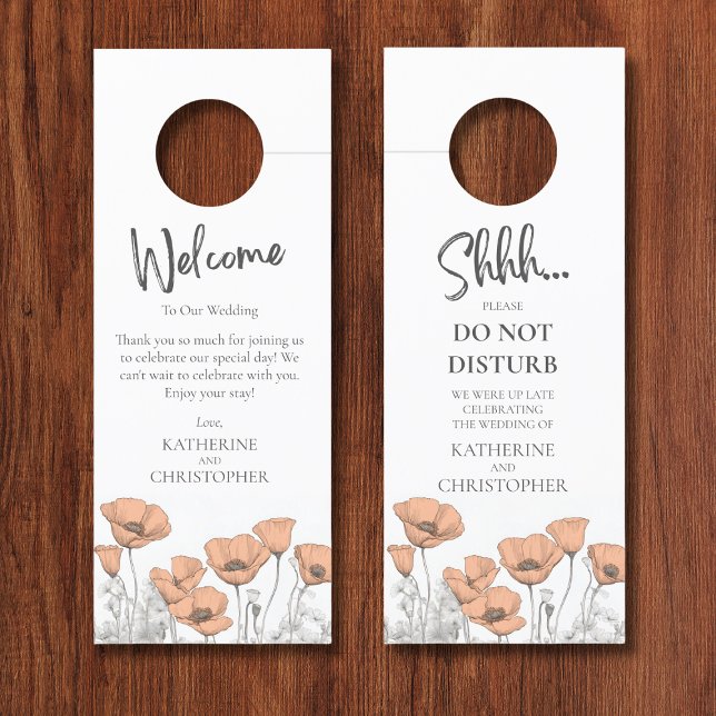 Aviso De Porta Pêpias De Pêssego Não Incomodam O Casamento (Wedding Hotel Peach Poppies Shhh Door Hanger with Custom Welcome Message and Couple Names.
)