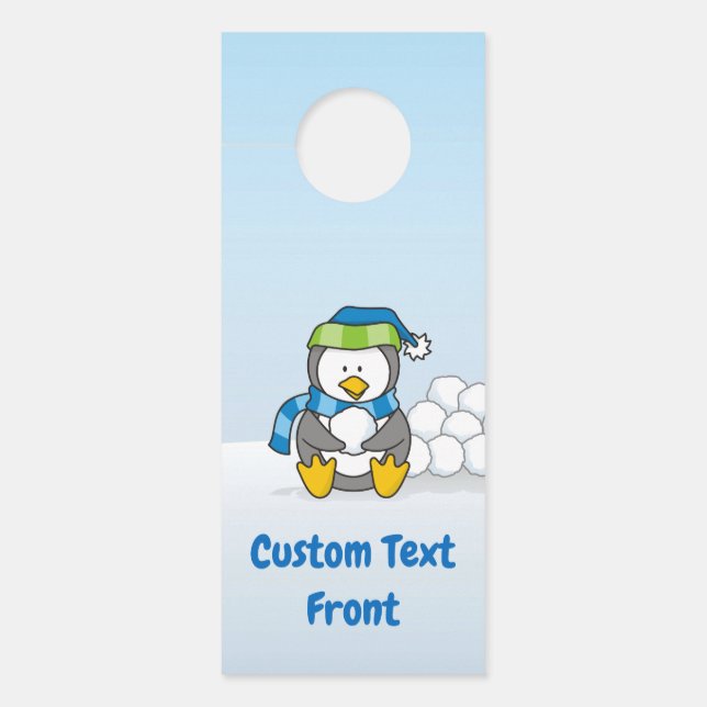 Aviso De Porta Pequeno pinguim sentado com bolas de neve com cabi (Frente)