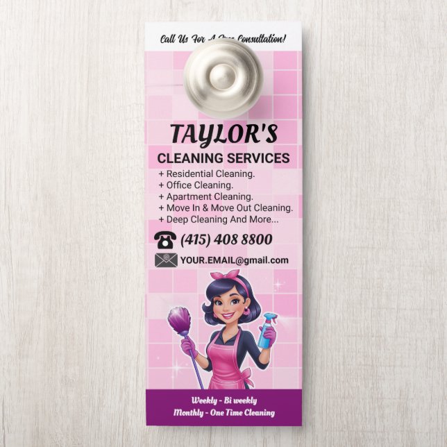 Aviso De Porta Pink Janitorial Lady House Cleaning Service (Na maçaneta)