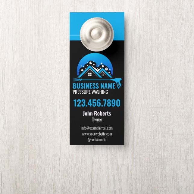 Aviso De Porta Pressão profissional Lavando azul preto (Na maçaneta)