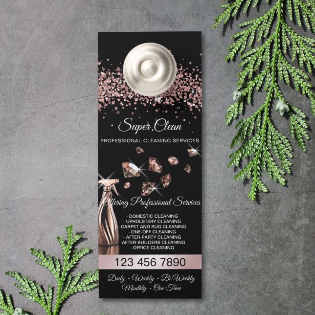 Aviso De Porta Serviços de limpeza de casas de habitação (rose gold house cleaning spray bottles spraying diamonds)