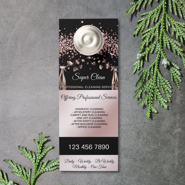 Aviso De Porta Serviços de limpeza de casas de habitação (rose gold house cleaning spray bottles spraying diamonds)