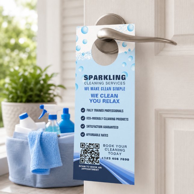Aviso De Porta Serviços de Limpeza Profissionais Azul Branco Mode (Criador carregado)