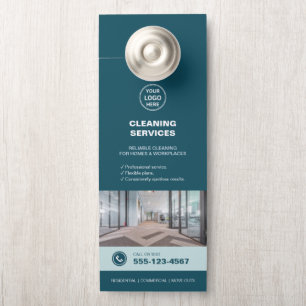 Aviso De Porta Serviços Modernos de Limpeza Azul com QR
