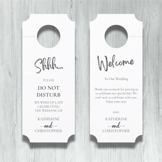 Aviso De Porta Shhh, Elegante Branco Negro, Não Incomodar Casamen (Black and White Elegant Shhh Do Not Disturb Wedding Welcome Door Hanger with Ticket Corners.)
