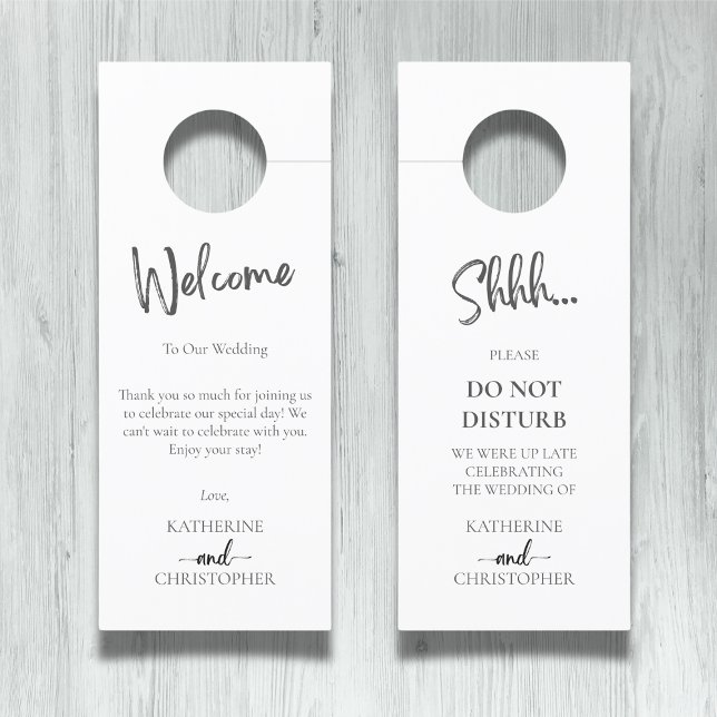 Aviso De Porta Shhh, Elegante Branco Negro, Não Incomodar Casamen (Shhh... Do Not Disturb Wedding Hotel Doorhanger with Couple Names, Date, Welcome Message.)