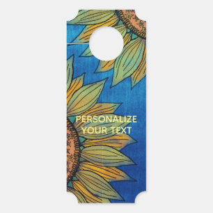 Aviso De Porta Vintage Floral Russo Azul Madeira Costurada Girass