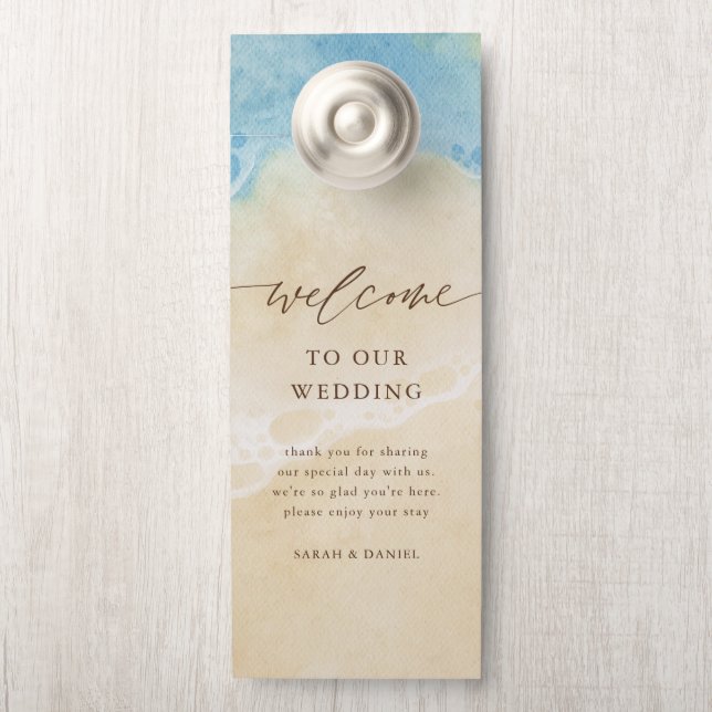 Aviso De Porta Watercolor Summer Beach Wedding Welcome (Na maçaneta)