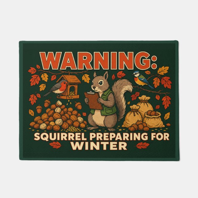Aviso Esquilo Preparando-se para o Inverno Tapete  (Frente)