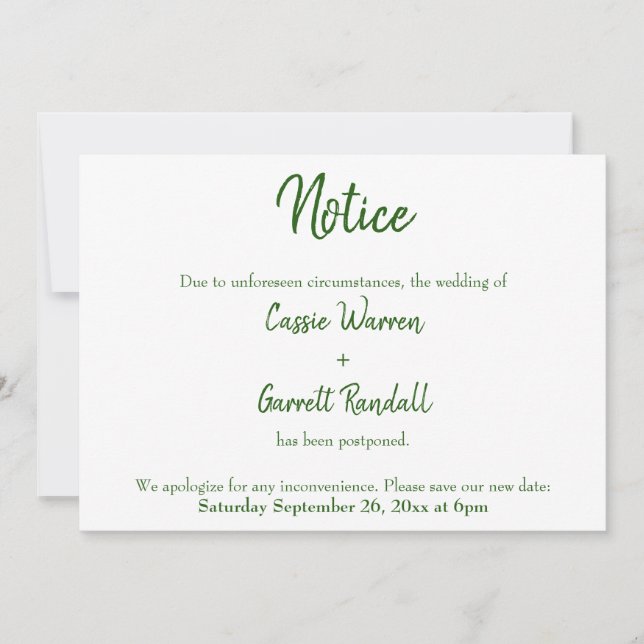 Aviso White Verde Adiou Anúncio de Casamento (Frente)