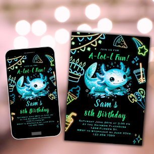 Axolotl Aniversário Convite Neon Boy Festa Axolotl