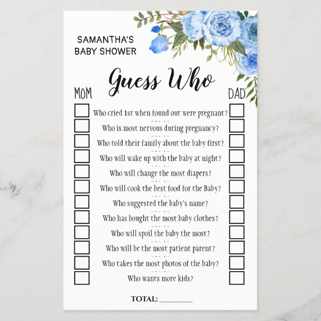 Azul adivinha quem chá de fraldas cartão de jogo b (Frente)