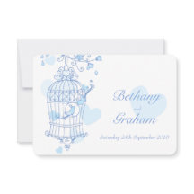 Azul, amor, aves abertas, convite para casamento