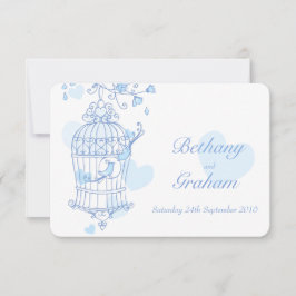 Azul, amor, aves abertas, convite para casamento