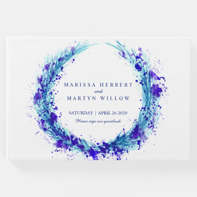 Azul aqua aquarela herbácea livro convidado de cas (Frente)