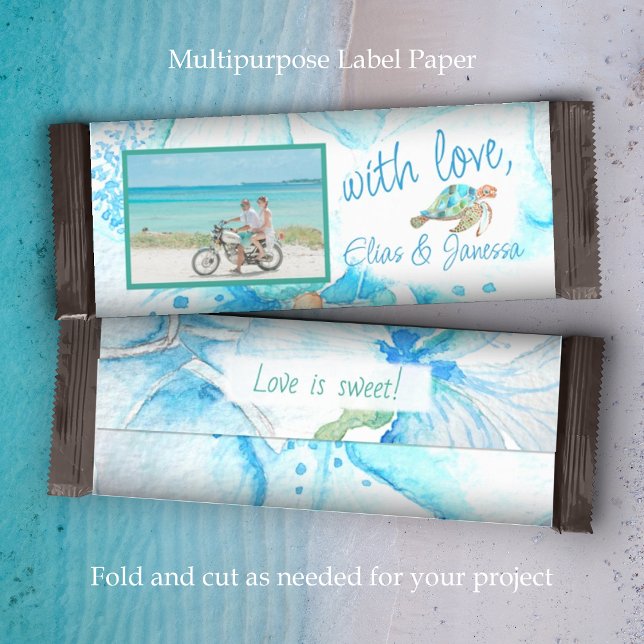 Azul, Aqua Sea Turtle Casamento de Bar Doces (Tropical blue orchids, sea turtle wedding chocolate candy bar, personalized wrapper label favors tag)