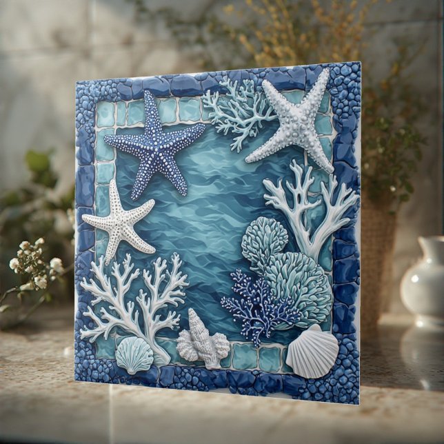 Azul aqua Vida Marinha Estrela-do-Mar Recife de Co (Aqua blue Marine Life Starfish Coral Reef Tropical Ceramic Tile)