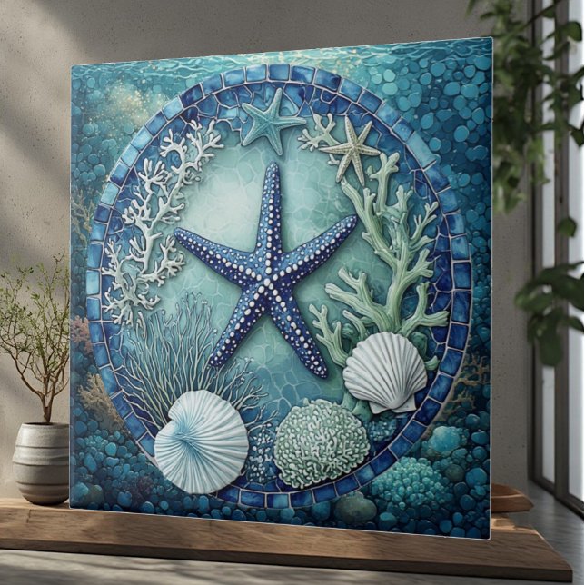 Azul aqua Vida marinha Estrela-do-mar Recife de co (Aqua blue Marine Life Starfish Coral Reef Seashell Ceramic Tile)
