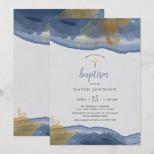 Azul-aquarela   Convite Dourado para batismo