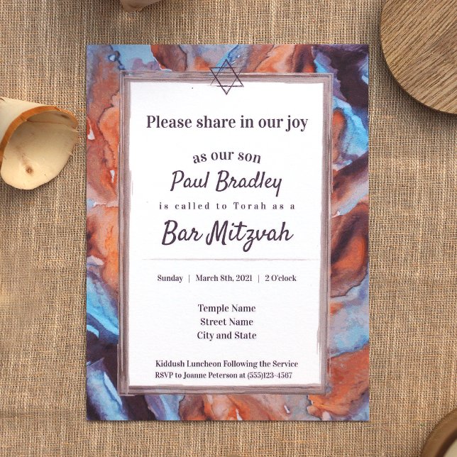 Azul, Bar de berinjela castanha Mitzvah Convite (unique marble pattern beige, caramel brown, light blue eggplant purple bar mitzvah invitations)