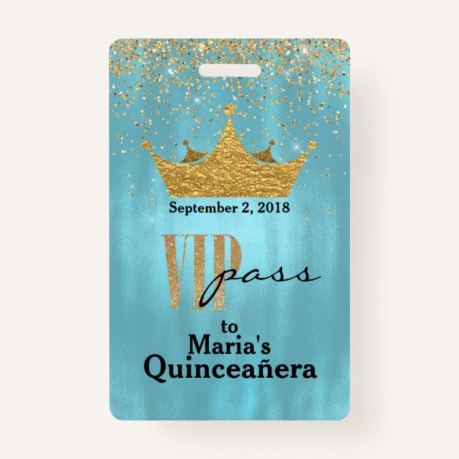 Azul bonito com crachá Dourado de Quinceañera VIP (Frente)