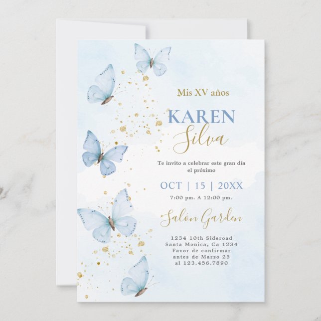 Azul Borboletas Quinceañera Convite (Frente)