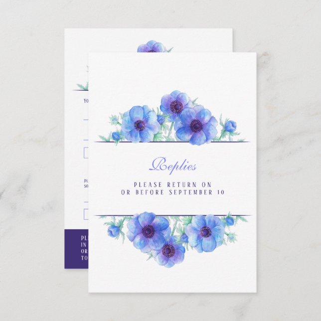 Azul branco anêmona floral casamento QR resposta R (Frente/Verso)