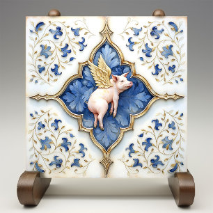 Azul Branco Dourado Porco Trabalhos em Rolo Mediev