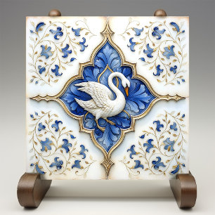 Azul Branco Ouro Cisne Trabalho de Rolo Medieval