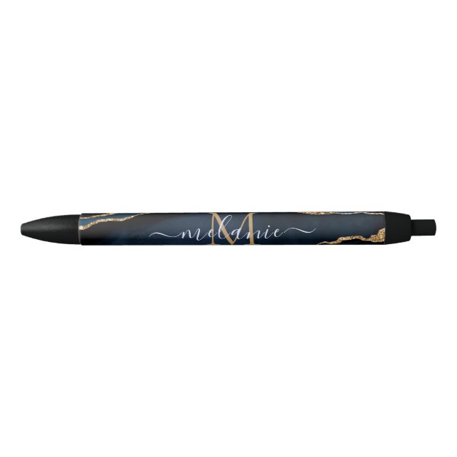 Azul Caneta Marinho Agate Blue Gemstone Marble Monogram (Frente)