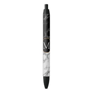 Azul Caneta Preta Branco Marble Personalizado Número de