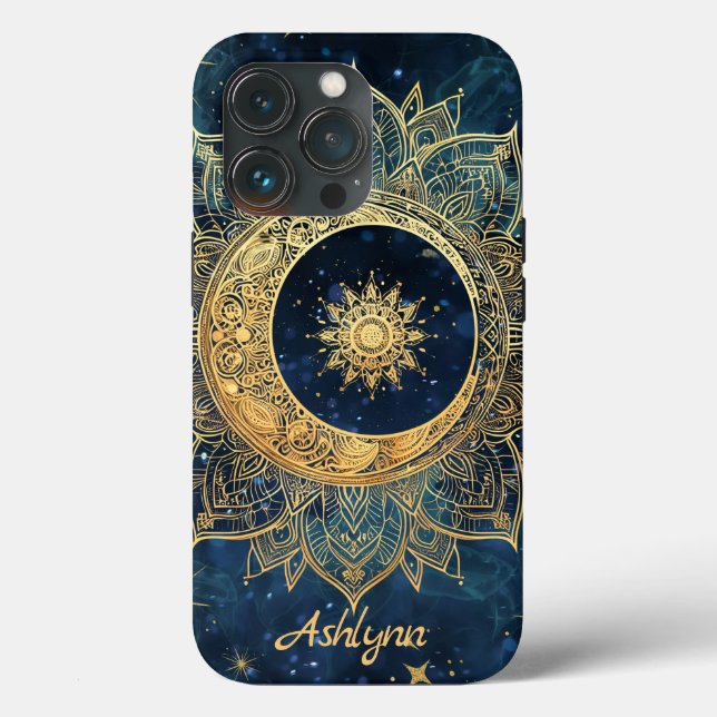 Azul Celestial Dourado Sol Moon Mandala Personaliz (Verso)