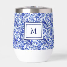 Azul Chinoiserie Monograma Floral de Pássaro