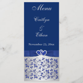 Azul, Cinza Prateada Floral, Cartão de Menu Coraçõ