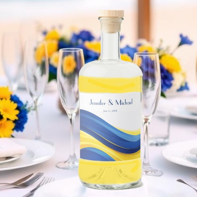 Azul Cobalto e Amarelo Limão Casamento Moderno (Cobalt Blue and Lemon Yellow Modern Wedding Liquor Bottle Label)