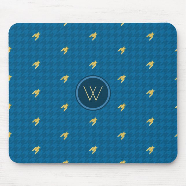 Azul com Dourado Houndstooth Mousepad de Destaque (Frente)